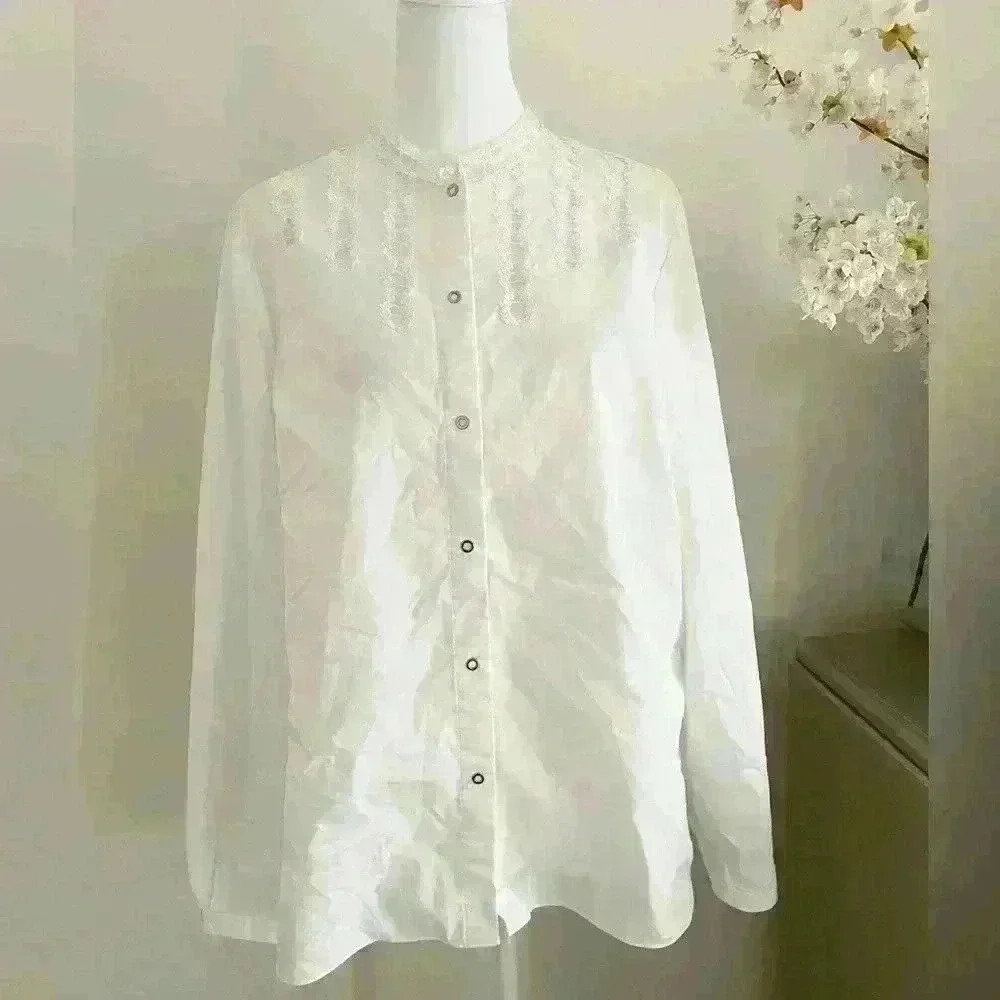 Elie Tahari Womens Button Up Blouse Long Sleeve Lace Detail Size Medium